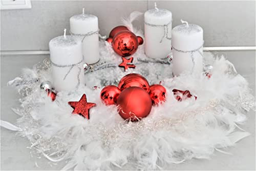 Adventskranz weiß rot 40 cm künstlich Weihnachten Adventsgesteck Deko Feder