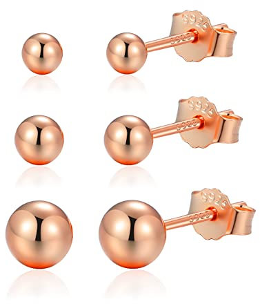 Candyfancy 925 Silber Ohrringe Set für Mehrere Ohrlöcher - 3 Paar Kugel Mini Ohrstecker Rosegold für Damen, Herren, Mädchen - Klein Stecker 3mm/4mm/5mm 3er Set