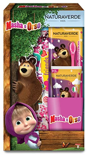 Naturaverde | Kids - Masha & Bär - Oral Care Set, manuelle Zahnbürste mit weichen Borsten, Erdbeer-Zahnpasta, 75 ml, Glas und Glitter Clutch