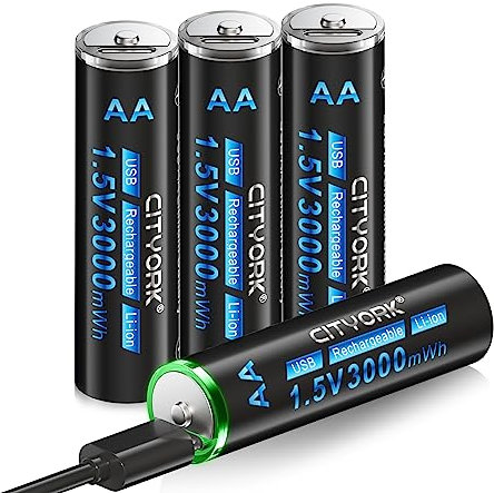 CITYORK USB C Wiederaufladbare Lithium Akkus AA, 1,5V 3000mWh Wiederaufladbare AA Batterien mit 4-in-1 USB Ladekabel 4 Stück