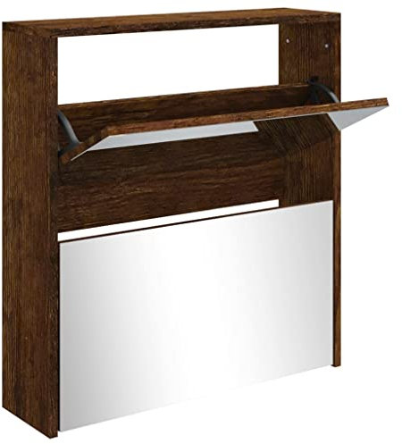 vidaXL Schuhschrank mit Spiegel 2 Fächer Schuhablage Schuhregal Schuhständer Schuhaufbewahrung Schuhkipper Schuhkommode Räuchereiche 63x17x67cm