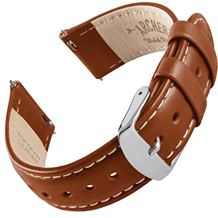 Archer Watch Straps - Uhrenarmbänder mit Schnellverschluss aus Hochwertigem Genarbtem Leder (Cognac/Naturweißes Garn, 18mm)