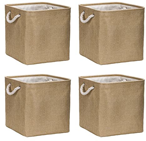 Aufbewahrungsbox Faltbox (4 Pack) 30x30x30 cm Stoff Korb Großer Aufbewahrungskorb Korb Aufbewahrung für Schrank Boxen Regal Körbe für Kallax für Kleidung Spielzeug Werkzeug Kleiderschrank (Khaki)
