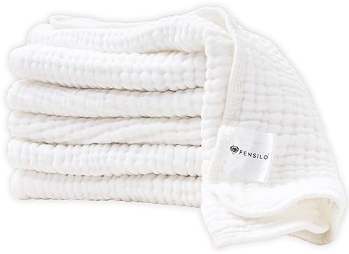 FENSILO Mulltücher Baby – Spucktücher Baby - 6 Schichten Saugstark Mullwindeln 6er Pack 35x50 cm – Stoffwindeln - schadstoffgeprüft - Spucktücher für Jungen und Mädchen – weiß
