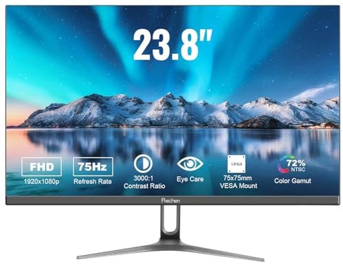 24 inch Ultra-Thin Bezel Computer Monitor FHD 1080P Business Monitor, LED PC Screen Desktop Monitor, HDMI, VGA, 75Hz Gaming Display, 3000:1, Eye Care, VESA Mountable, Black