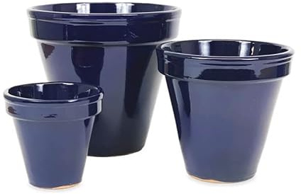 Verano Spanish Ceramics Outdoor Living Terracotta Dipped Blue Classic Pots - Decorative New Home Garden Yard Patio Outside Décor Gardening Herb Flower Plant Pots - Set of 3-16x14, 23x22, 29x27cm