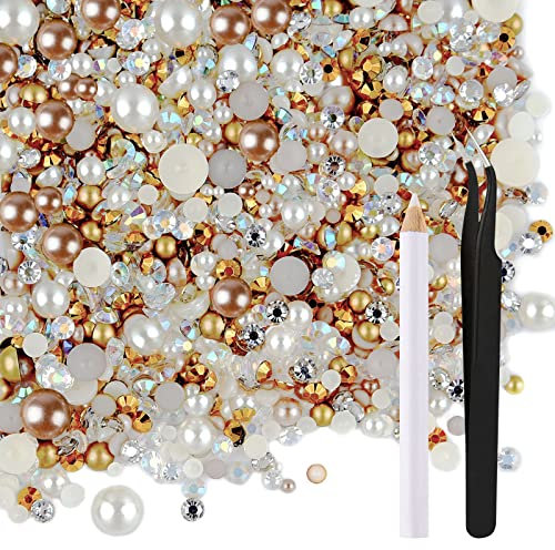 ASTARON 50g Mix Flat Back Pearls and Rhinestones for Crafts Mixed Size 3mm-10mm Flat Back Rhinestones for Crafts Flatback Pearls for DIY Tumblers Mugs Nail Art Shoes Clothes