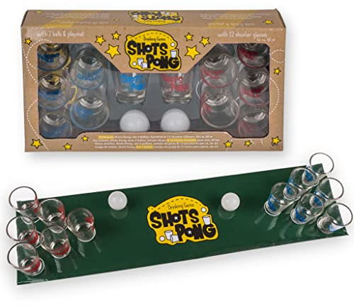 MIJOMA Trinkspiel Shots Pong mit 12 Shooter-Gläsern aus Glas - inklusive Spielfeld und 2 Bällen