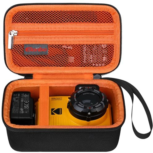Elonbo Carrying Case for Kodak PIXPRO WPZ2 Rugged Waterproof Digital Camera, Shockproof WiFi 4K Video Digital Camera Storage Cover Bag, Mesh Pocket fits Battery Charger Memory Card. Black+Orang