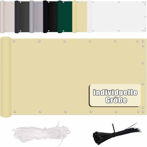 MENGH Balkon Sichtschutz Ohne Bohren Wind- und UV-Schutz,160g/m², Mit Montagezubehör, 100% Polyester, für Balkongeländer, Terrasse & Garten - Beige 90x1400cm