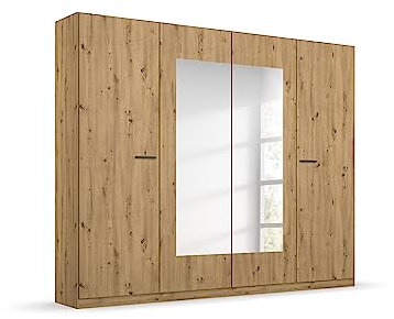 Rauch Möbel Florenz Schrank Kleiderschrank Drehtürenschrank mit Spiegel, Eiche Artisan, Holz, 4-türig, inkl. 2 Kleiderstangen, 2 Einlegeböden BxHxT 226x210x54 cm