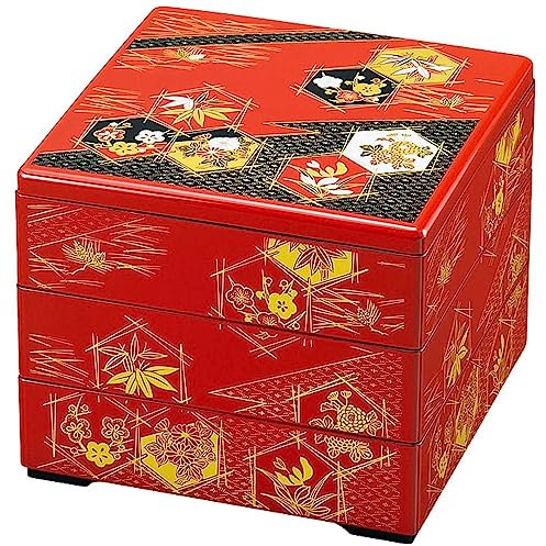 TIKUSAN Lack, Bento-Box, Behälter, traditionell, japanisch, 3 Ebenen, stapelbar, Jubako Osechi, hergestellt in Japan, Rot