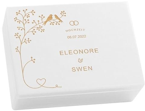 LAUBLUST Personalisierte Hochzeitskiste Erinnerung - Geschenkkiste Hochzeit mit Gravur - Vogel-Pärchen | Personalisierte Geschenke für Brautpaar - FSC® (Weiß ohne Verschluss, ca. 40 x 30 x 14 cm | L)