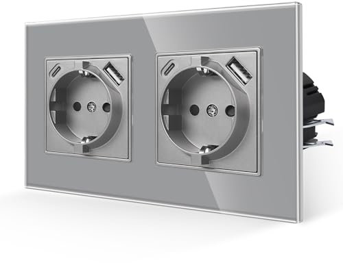 JIMEIDA Enchufes Dobles con USB en Gris,Enchufes de Vidrio de 16Amp con Carga Rápida USB y Puerto Tipo C Enchufe de Pared al Ras-157 * 86mm,250V