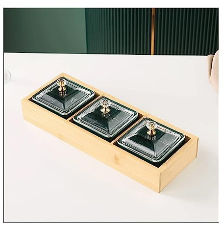 Saladiers Plateau à condiments en céramique verte avec couvercles et plateau en bambou 3 bols à trempette amovibles sont utilisés for les apéritifs, les croustilles, les fruits, les bonbons et les con