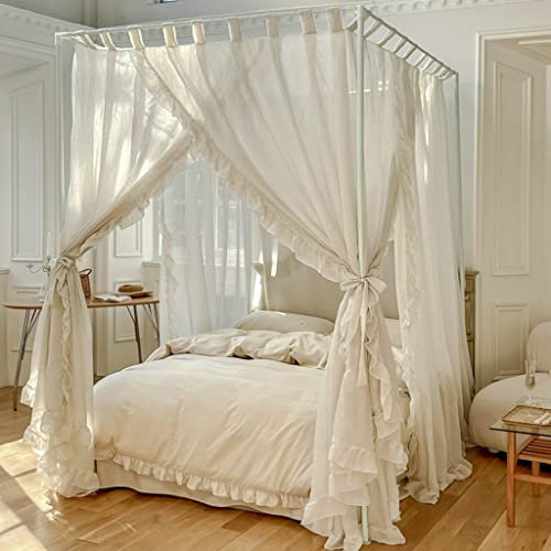 UNICOKA Moderner Leinen-Prinzessin-4-Eckpfosten für Mädchen und Frauen, Betthimmel, Vorhang, Baldachin für Erwachsene, Hochzeit, Schlafzimmer, Kinderzimmer, Bettdekoration (Type2-Line-White, Queen)