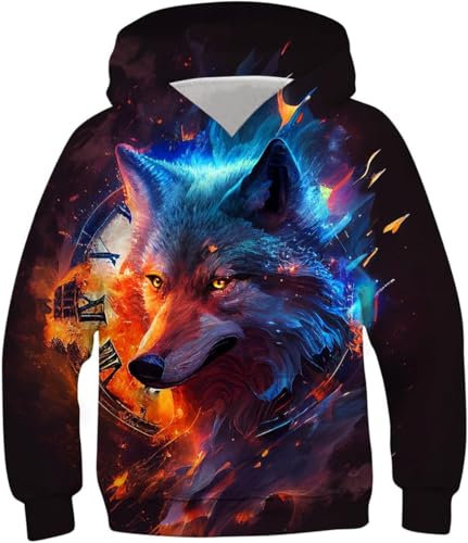 TUONROAD Hoodie Jungen Pullover 3D Wolf Druck Kapuzenpullover Sweatshirt mit Taschen Langarm Kapuzenpulli Tops 11-13 Jahre