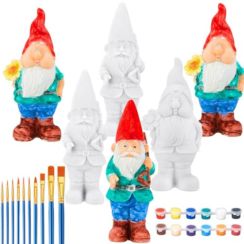 Barydat 6 Pcs Paint Your Own Garden Gnomes Unpainted Kit to Paint Statue Spring DIY Craftworks with Acrylic Strips and Brush for Christmas(Dwarf)