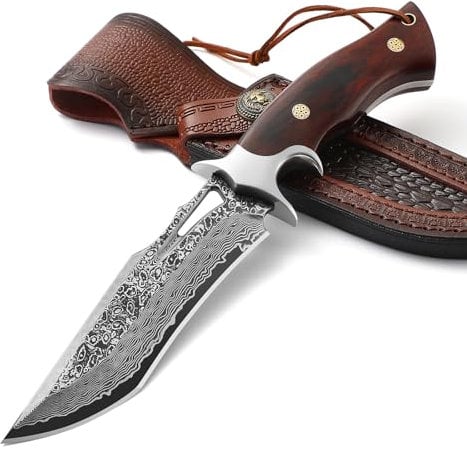 Omesio Coltello da caccia in damasco alta qualità, coltello da sopravvivenza in acciaio damasco per esterni con fodero, stile giapponese, impugnatura in legno