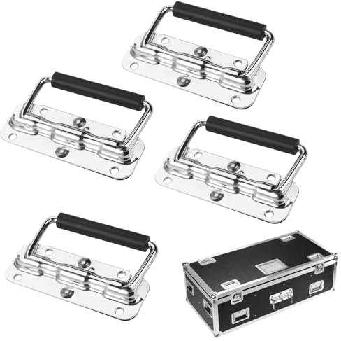 HIKPACKER 4 Stück Klappgriff Edelstahl, Tragegriff Mit Frühling, Kistengriff Silbrig, Mit Isoliertem Gummigriff, Bohrungsdurchmesser 6mm,Für Lautsprecherboxen Toolbox Tür Werkzeug Boxen (110mm)