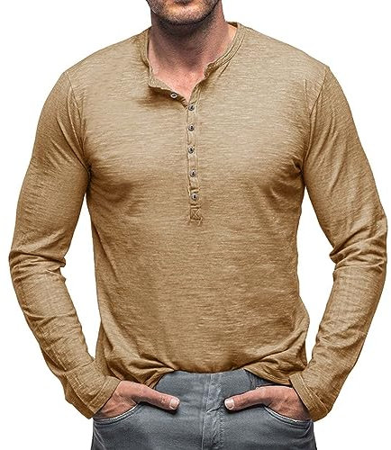 Langärmeliges T-Shirt für Herren, modisch, Frühling und Herbst, lässig, langärmelig, Knopf, einfarbig, langärmelig, Herrenhemd, langärmelig, V-Ausschnitt, Baumwoll-T-Shirt, khaki, L