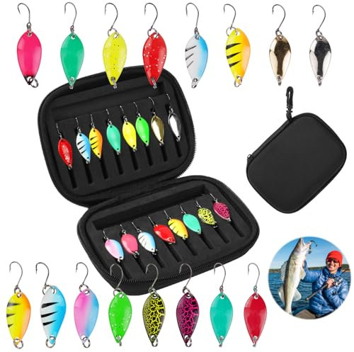 HOTUT Leurres De Pêche Cuillère, 16 pièces Cuillères à Truite, Cuillers de Pêche avec Sac De Rangement Cas, Cuillère pour Peche Truite Kit Hameçon Simple pour Brochet, Sandre, Perche
