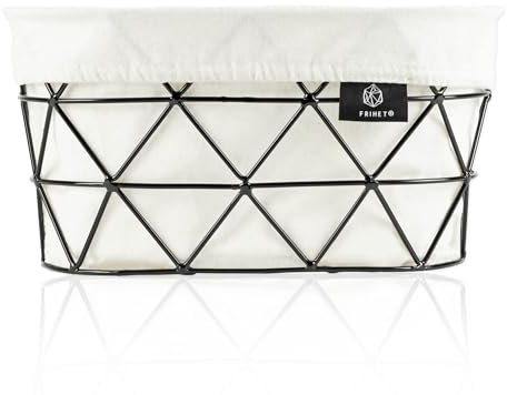 FRIHET 2-in-1 Brotkorb & Obstschale - Metall - waschbare Einlage aus 100% Baumwolle - oval - schwarz - Aufbewahrungskorb - 27 cm x 14 cm x 16 cm (LxHxB) (weiß, Raute)