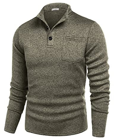 COOFANDY Pullover Herren Langarm Stehkragen Basic Pullover mit Knöpfen Warm Casual Langarmshirt Khaki XXL