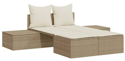 vidaXL Doppel Sonnenliege, Gartenliege mit Auflagen, Doppelliege für Außenbereich, Relaxliege Sonnenbett Gartenmöbel, Beige Poly Rattan