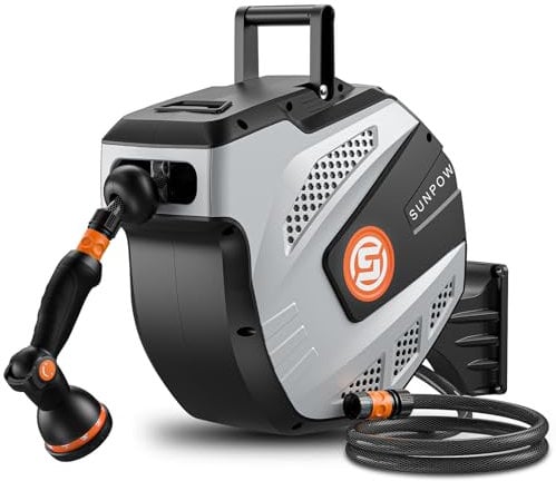 SUNPOW Garden Hose Reel Wall Mounted - 25m+2m Retractable Hose Pipe, Easy to Install & 10 Function Sprayer Nozzle - Any Length Lock, Auto Rewind System, 180°Swivel Bracket - Grey