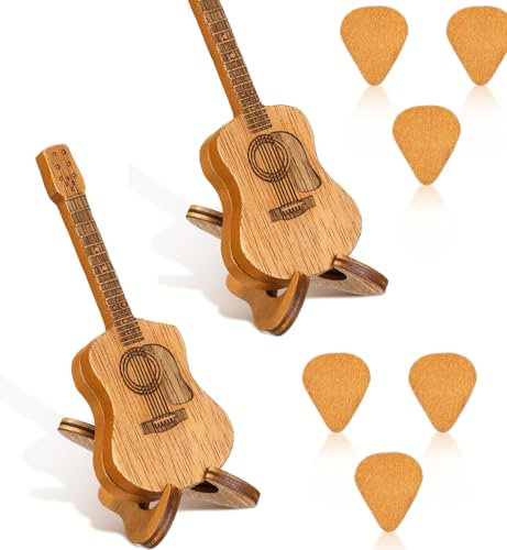 Scatola in Legno per Plettro con Supporto, 6 PCS Mini Plettro a Forma Chitarra, Scatola Porta Plettro, Porta Plettro Forma Mini Chitarra Wooden Guitar Pick Box with Stand, Guitar Picks