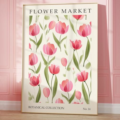 Blumenmarkt Leinwand-Kunst, rosa Tulpe, Malerei, Aquarell, Blumenbilder, abstrakte botanische Drucke, rosa Blumenkunst, Tulpe, Aquarell, Wandkunst, Pastellblumen-Poster für Zimmer, 40,6 x 61 cm, ohne