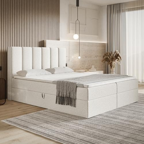 MOTIVENA Santiago Boxspringbett 180x200 mit Bettkasten und Topper, Polsterbett 180x200 mit Bettkasten, Taschenfederkern-Matratze (H3), Visco Memory-Foam Topper (H2), Boucle, Weiß (Milch)