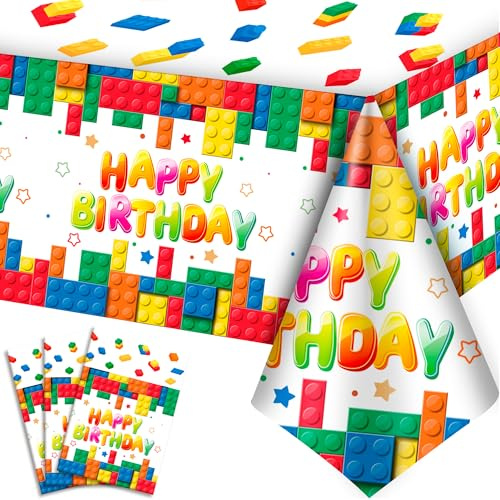 Bausteine Geburtstag Tischdecke, 3 Pcs Bausteine Tischdecke für Backstein-Partydekorationen & Bausteine Geburtstagsdeko