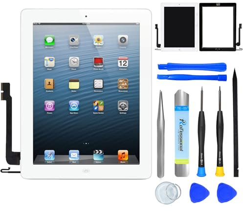 NB+ Schermo di ricambio per iPad 4 Gen da 9,7 pollici iPad 4 Digitizer 2012, per iPad 9.7 2012 A1458 A1459 A1460, adesivo preinstallato, include strumenti di riparazione, con pulsante Home (bianco)