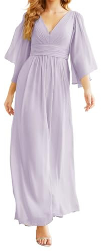 Manica lunga Principessa Abiti da Damigella D'Onore Alto Basso Prom Abiti Chiffon Abito da Sera Formale con Spacco ZM102, Lilla chiaro., 64 Più