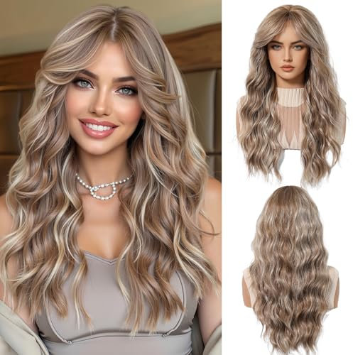 OUFEI Blond gemischt Hellbraun Lange Gewellte Perücke für Frauen mit Vorhang Pony Natürlich Lockiges Synthetisches Haar Hitzebeständig Perücken für Tägliche Party Cosplay Tragen