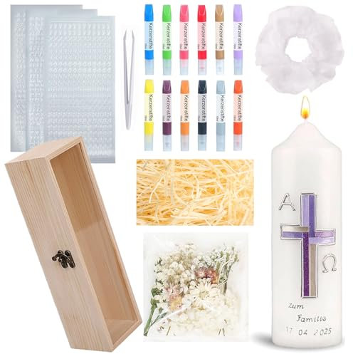 Ronoza Taufkerze Selber Machen Set, mit Taufkerze Rohling, 12 Farbe Kerzenstifte, Kommunionkerze, Personalisiertes Taufgeschenk für Mädchen & Jungen [Energieklasse A+] （H）