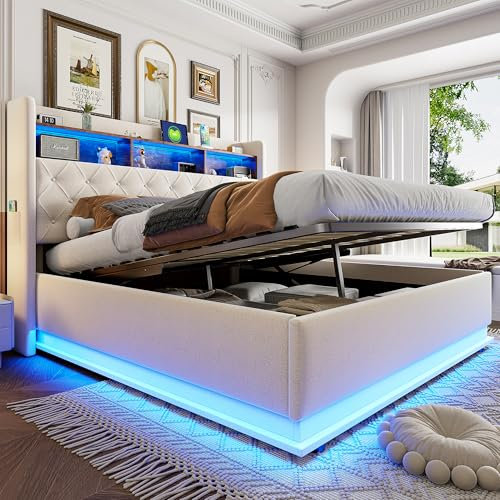 Kebnor Cama tapizada LED, cama acolchada con espacio de almacenamiento USB y espacio de almacenamiento hidráulico, tela de lino agradable a la piel (beige, 180 x 200 cm)