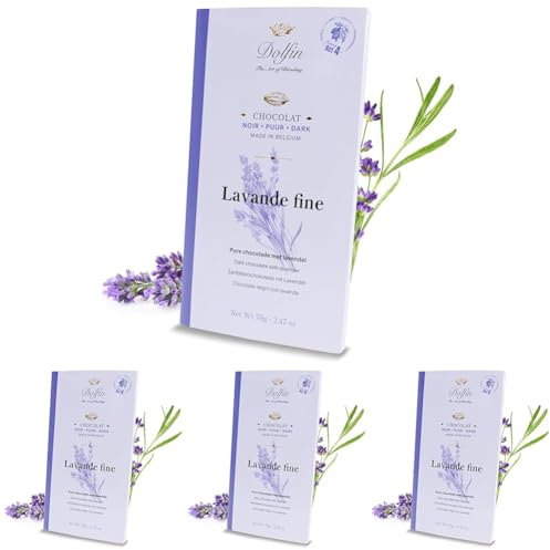 Dolfin Chocolat Noir & Lavande - Chocolat Tablette Riche & Crémeux, Vrai Morceaux de Lavande - Idée Cadeau Anniversaires, Fêtes, Saint-Valentin - Chocolat Gourmet - Fait en Belgique, 70g (Lot de 4)