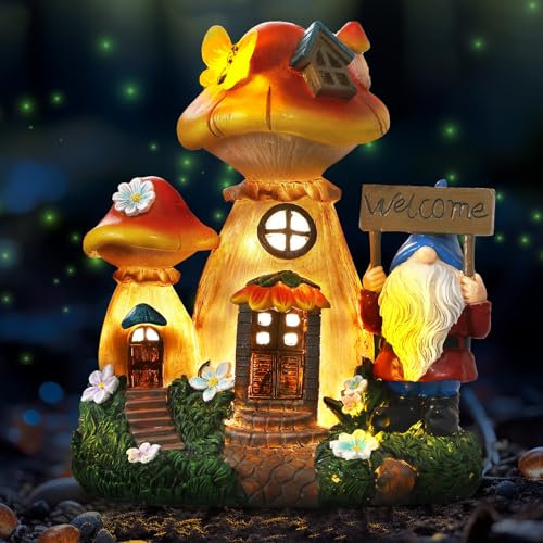 Json Solar Garden Statue Lights Mushroom Fairy House Figurine, Outdoor Memorial Garden Ornaments Waterproof Decoration for Outside Patio Yard Lawn Decor