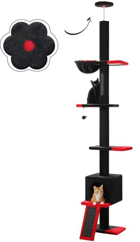 PAWZ Road Arbre à chat cactus du sol au plafond, hauteur réglable de 216 à 273 cm, la tour pour chat offre un espace d'activités spacieux avec hamac et niche pour chat, sangle anti-basculement, noir