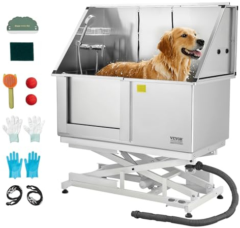 VEVOR Electric Lift Dog Washing Station, 50 inch Professional Stainless Steel Pet Grooming Tub w/PE Water Filter Board, Faucet & Showerhead Dog Bathtub Washing Sink for Multiple Pets (Left Door)