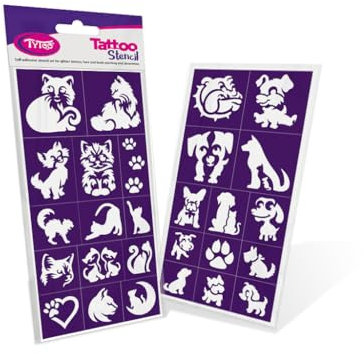 TyToo Glitzer Tattoo Schablonen Set – wiederverwendbare Vorlagen für Kinder & Erwachsene – EU-Design, hautfreundlich, perfekt für Partys, Kinderschminken & Bodypainting (Hund und Katze)
