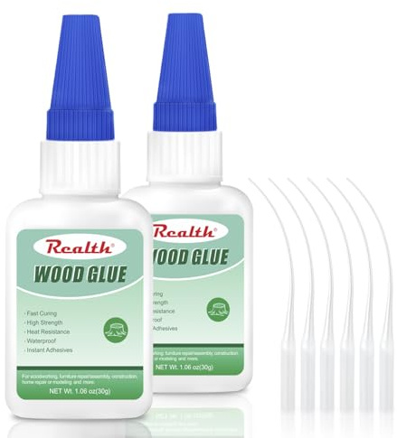 Realth Holzleim Extra Stark Wasserfest 60g mit 6 Präzisionsspitzen | Transparent, Sofortige Trocknung Hitzebeständig, für Holzbearbeitung Möbelreparatur und Heimwerkerarbeiten