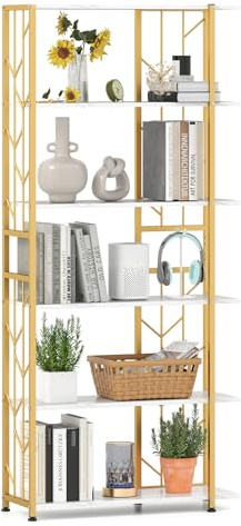 COSTWAY 6-Tier Tall Bookshelf, 180cm Modern Geometric Storage Bookcase with 2 Anti-tipping Kits, Freestanding Metal Frame Display Rack Plant Stand for Home Office (Gold + White)
