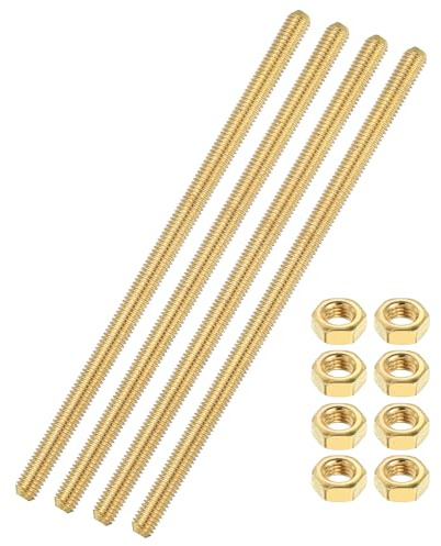 sourcing map 4 Sets Brass Fully Threaded Rod, M4x0.7mm Pitch Right Hand Threads Studs with Solid Brass Hex Nuts, 100mm/4 Long Threaded Screw Rods Fasteners for Anchors Bolts Hangers Clamps