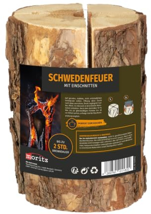 Moritz Schwedenfeuer mit Einschnitten 20 cm – Feuerstamm Baumfackel Garten | Gespaltener Stamm für starke Kochhitze, geeignet für Topf und Pfanne, inkl. Docht, bis zu 2 Std, für Camping und Lagerfeuer