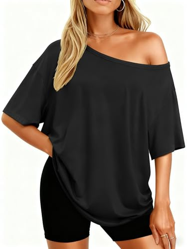 LACOZY Off The Shoulder Tops for Women Summer Oversized Sexy Short Sleeve T Shirts Casual Loose Batwing Tunic Top