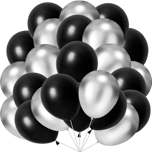 60 Stück Luftballons Schwarz Silber, 12 Zoll Helium Luftballons Metallic Silber Schwarz Latex Ballons Partyballon fur Geburtstag Hochzeit Jahrestag Abschlussfeier Babydusche Party Deko